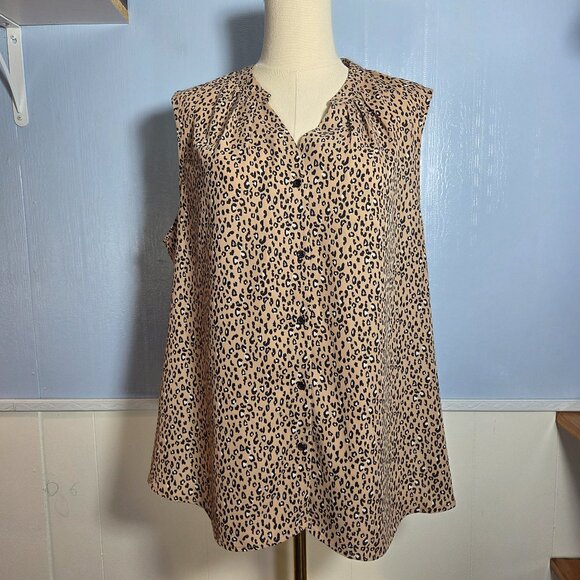 By Design Tops - By Design Extra Large Tan Black Animal Print V Neck Sleeveless Button Up Blouse
